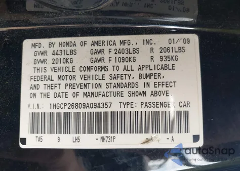 2009 Honda Accord 2.4 Ex-L from USA, damaged, VIN 1HGCP26809A094357